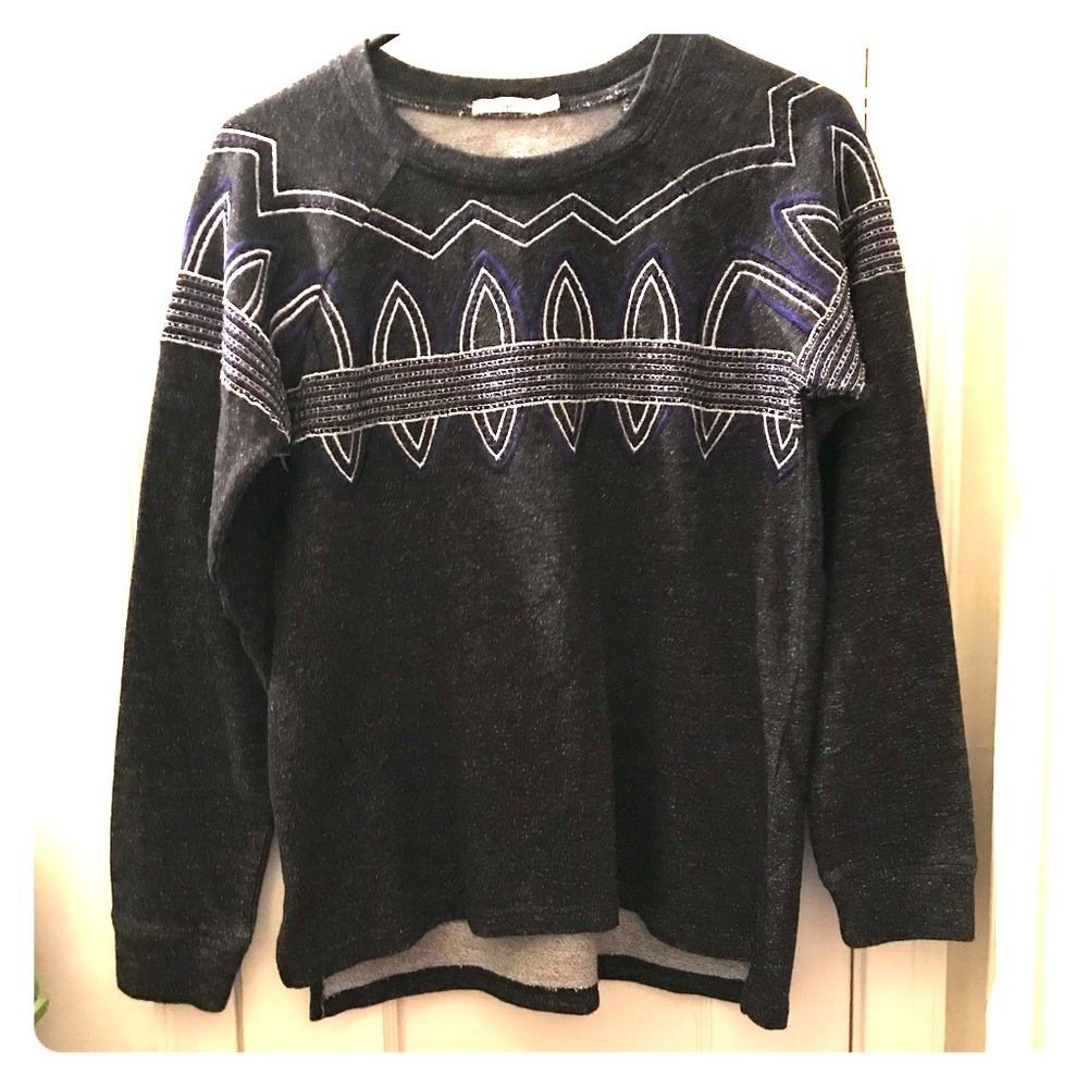 Gray w/ purple & white designs hazel sweatshirt.